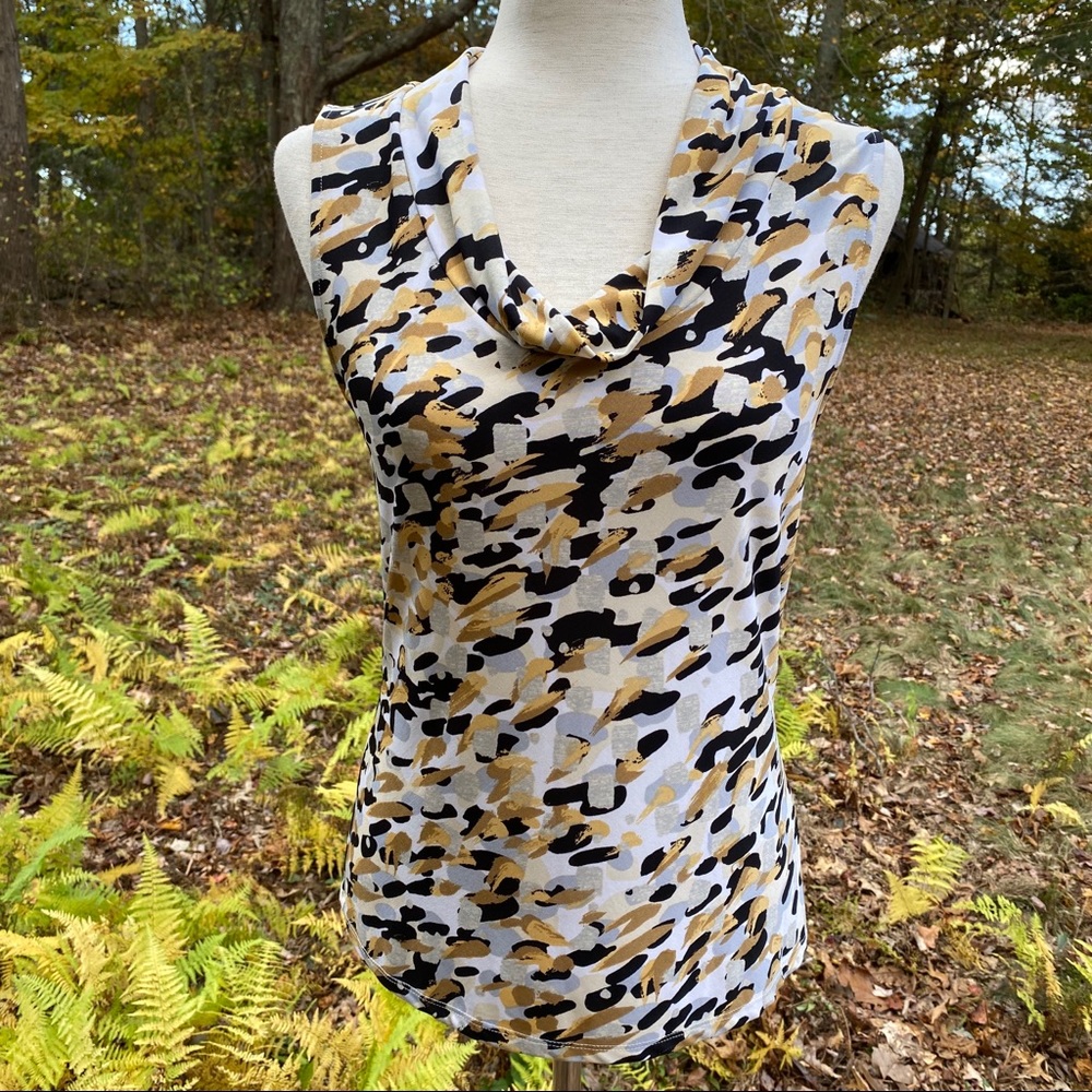 TAHARI BLOUSE TOP SLEEVELESS COWL GOLD WHITE BLACK Size S